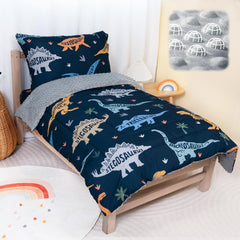 TinyPalsa Dinosaur Bedding Set comforter closeup shows plush minky backing for cozy nights.
