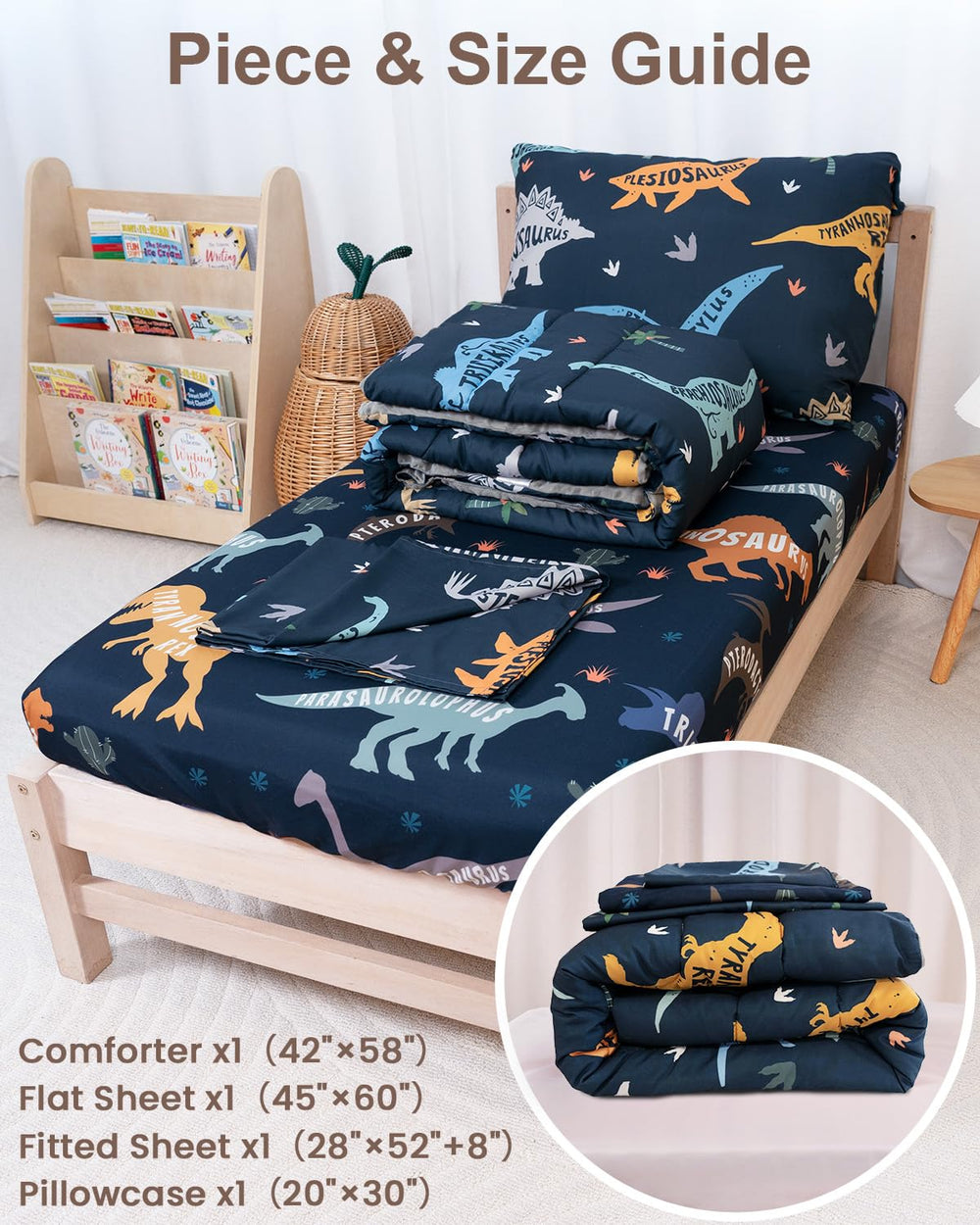 TinyPalsa Dinosaur Bedding Set flat-sheet layout featured for easy toddler bedding setup.