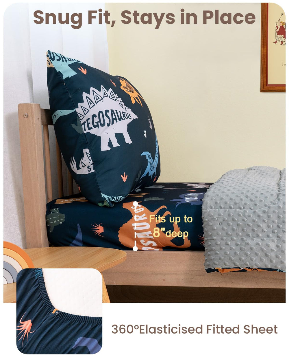 TinyPalsa Dinosaur Bedding Set minky back texture showcases ultra-soft touch for calming evenings.