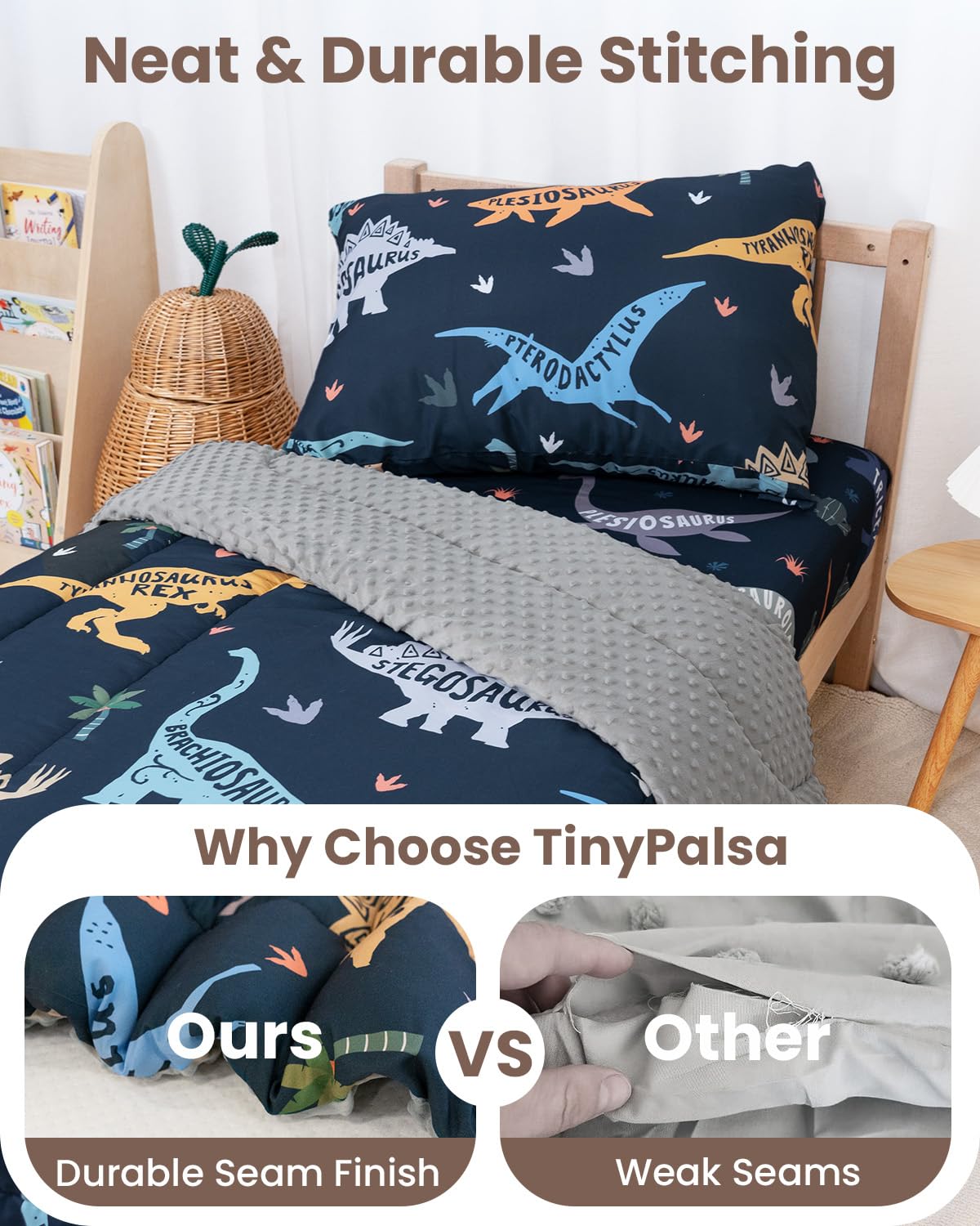 TinyPalsa Dinosaur Bedding Set reversible pillowcase offers two looks for bedtime versatility.
