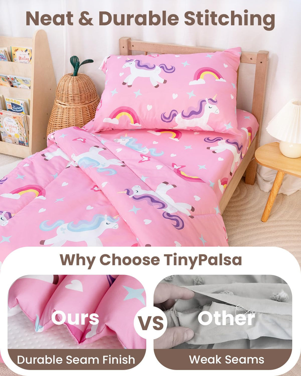TinyPalsa rainbow pony design closeup highlights cheerful, imaginative bedding