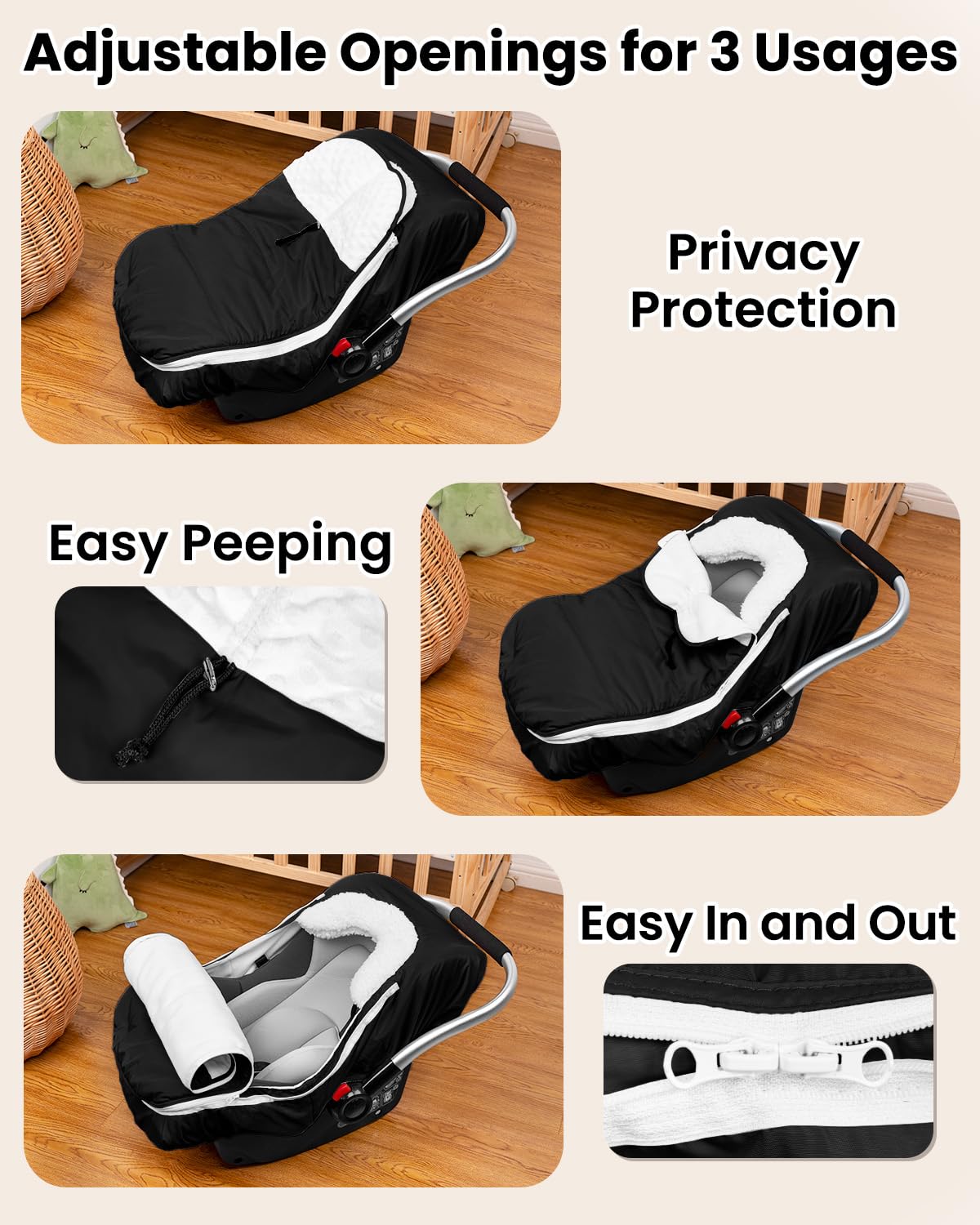TinyPalsa Winter Baby Carseat Cover universal-fit edges ensure snug placement.