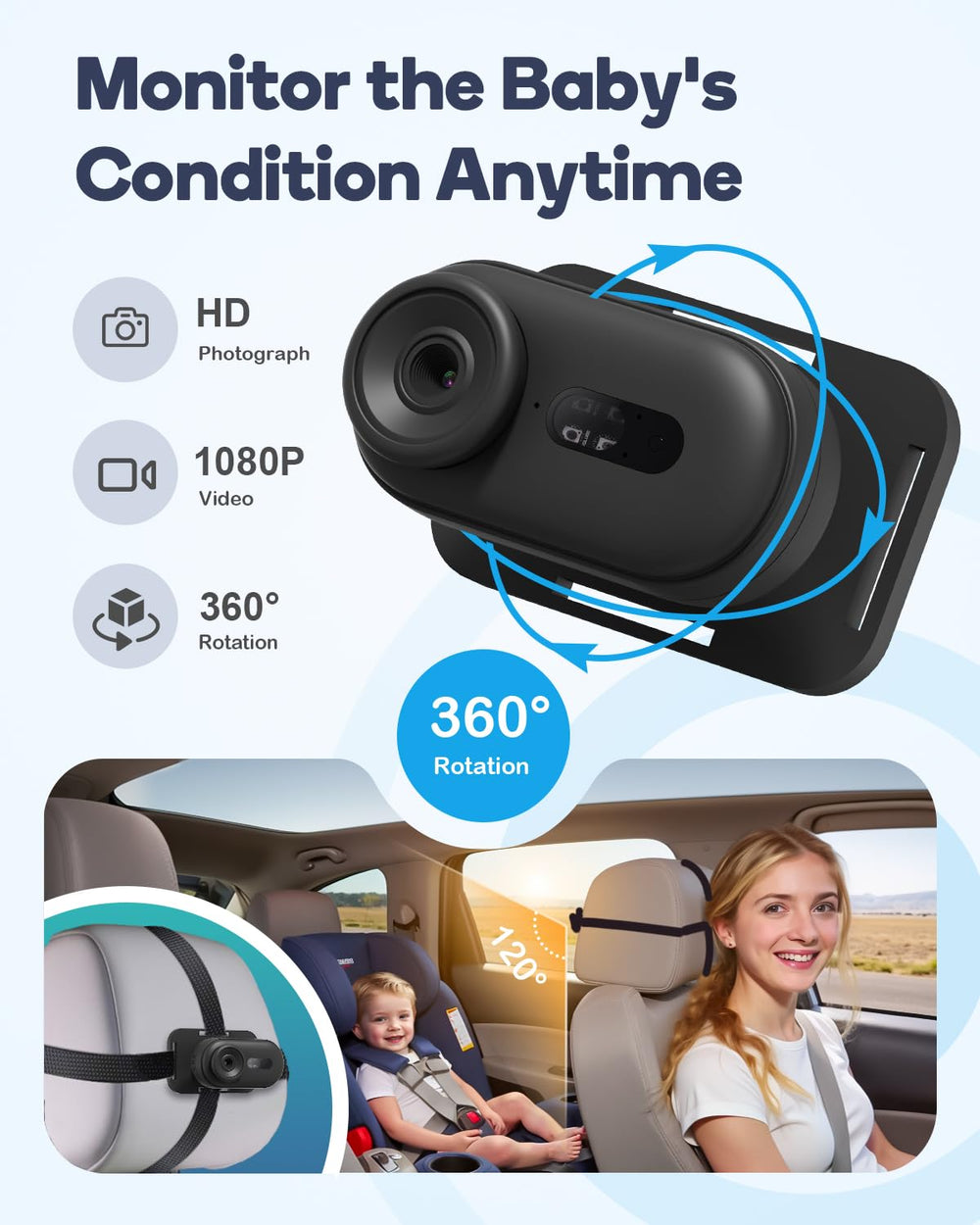 TinyShield 360-rotation camera provides full-room visibility from the headrest.