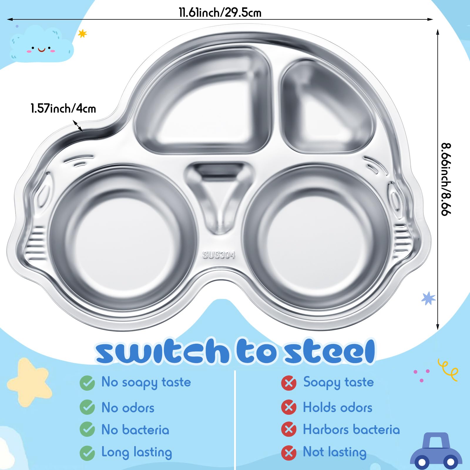 Tioncy divided stainless steel plate—four sections prevent mixing foods during meals.