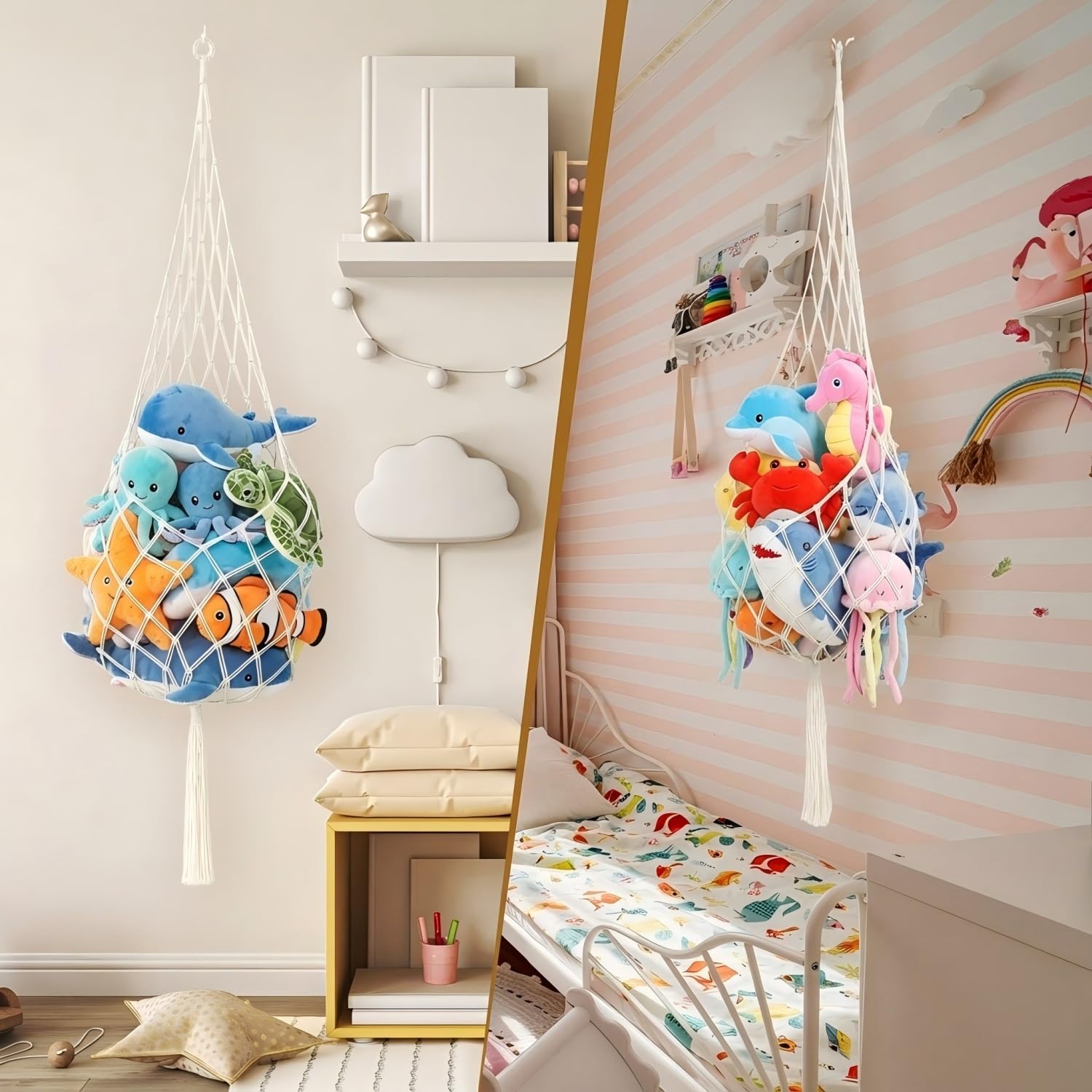 Tioncy fringe-detail hammock adds decorative charm while organizing plush toys.