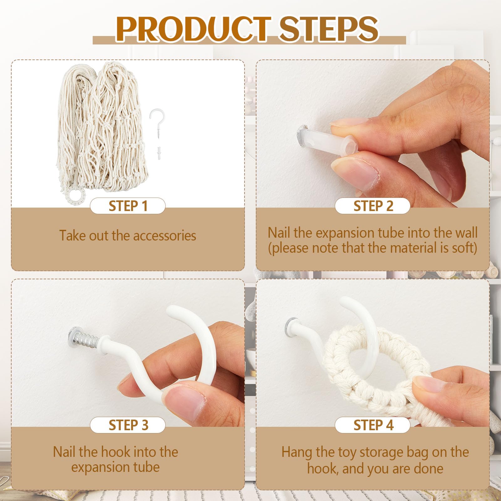 Tioncy wall-mounted toy holder hammock in cream color helps keep bedrooms tidy.