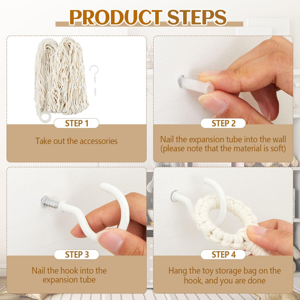 Tioncy wall-mounted toy holder hammock in cream color helps keep bedrooms tidy.