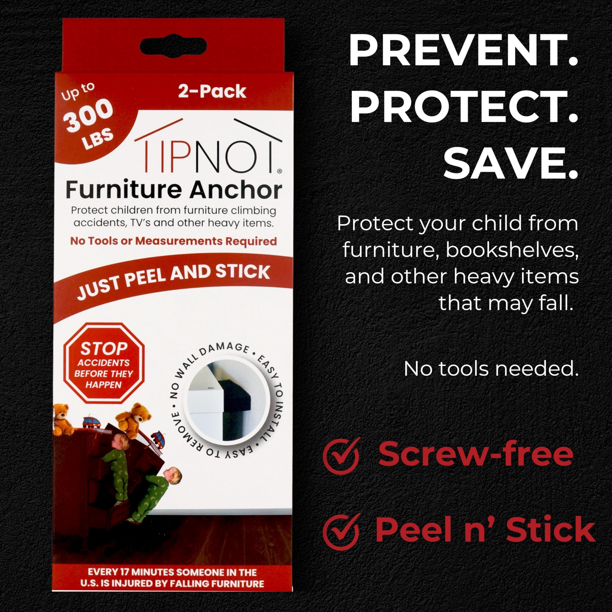 TipNot no-drill wall anchors in action, preventing tip-overs on dressers and shelving.