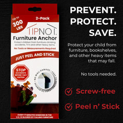 TipNot no-drill wall anchors in action, preventing tip-overs on dressers and shelving.