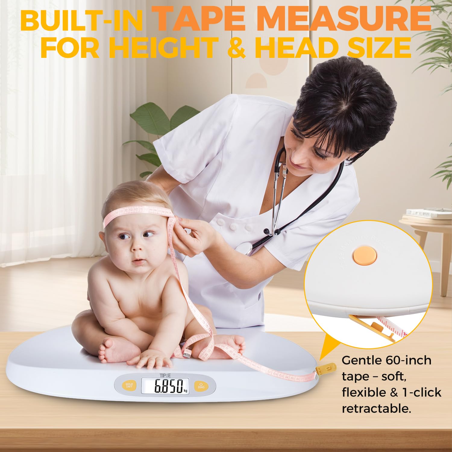 TIPRE baby-scale tape-measure shows height alongside weight for growth tracking.