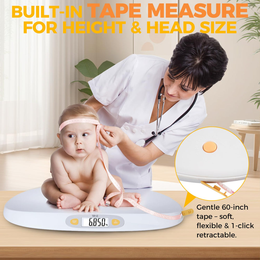 TIPRE baby-scale tape-measure shows height alongside weight for growth tracking.