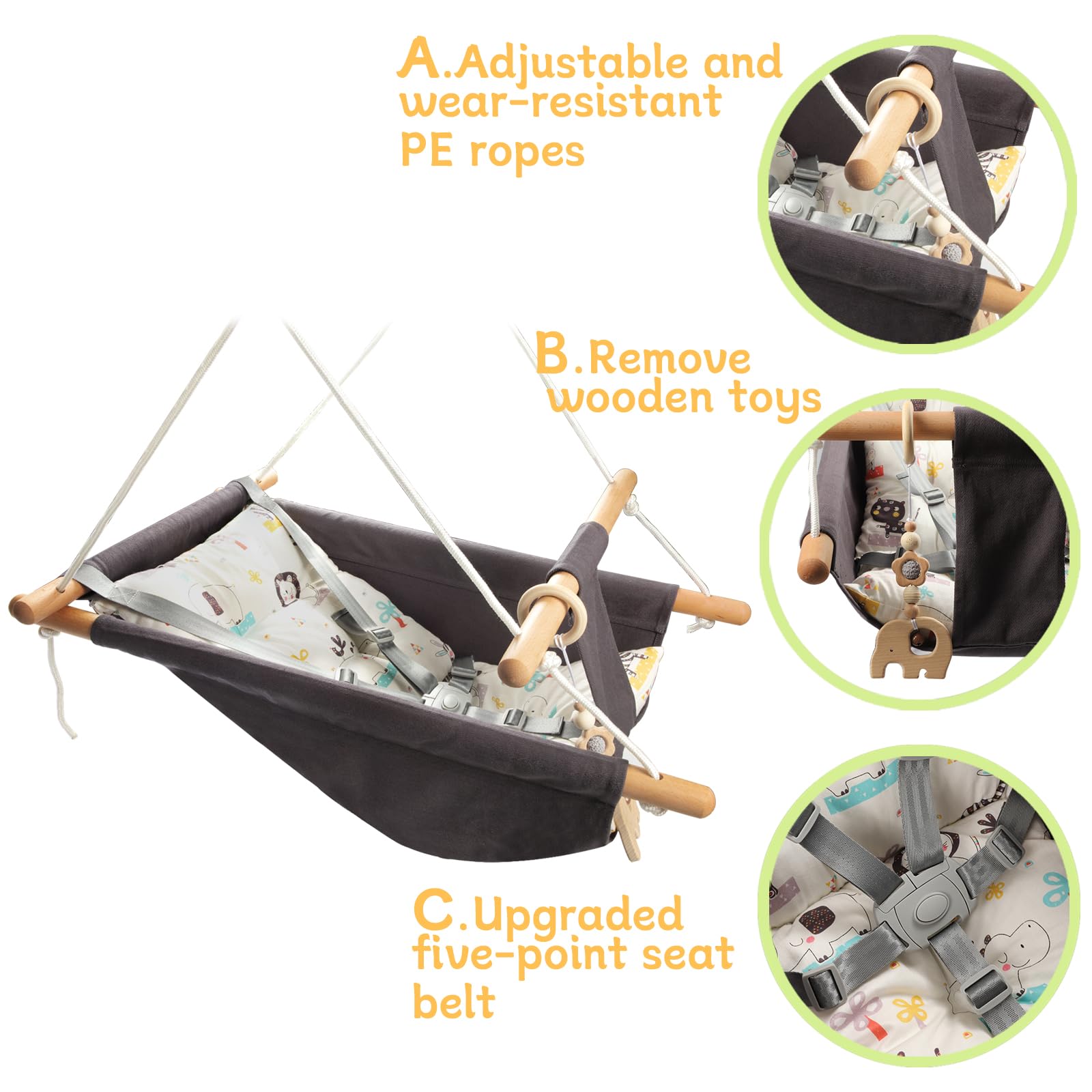 Tislly baby swing 100percent-cotton-canvas and beech wood for skin friendly contact