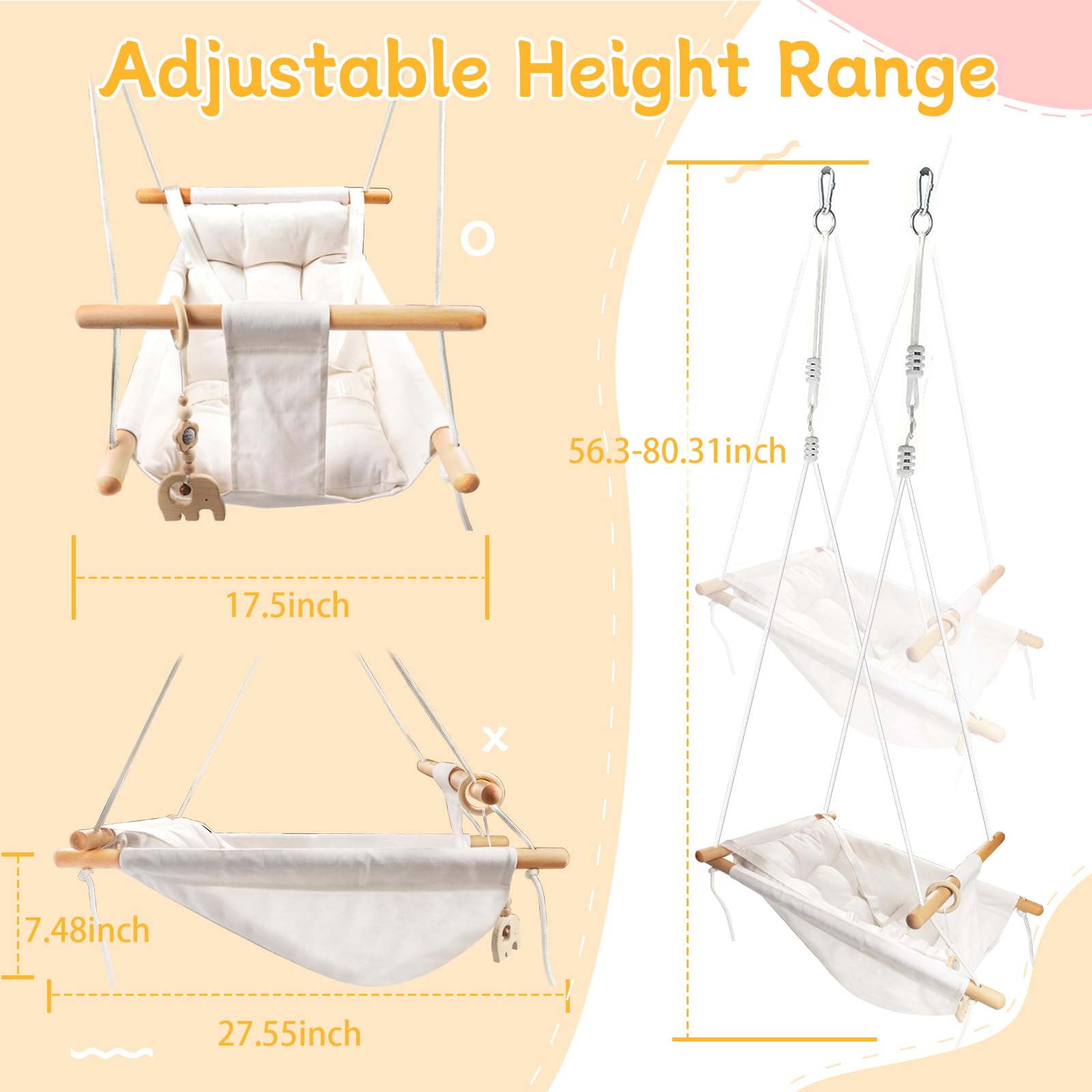 Tislly baby swing beech wood seat detail highlights sturdy, premium materials