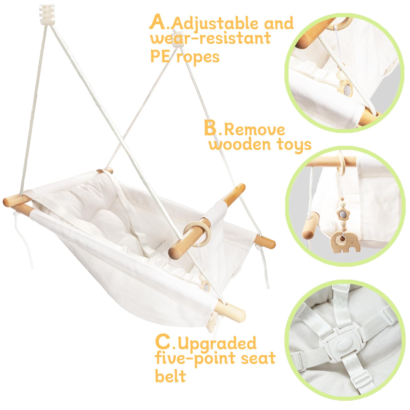 Tislly baby swing cotton canvas detail emphasizes breathable comfort for skin