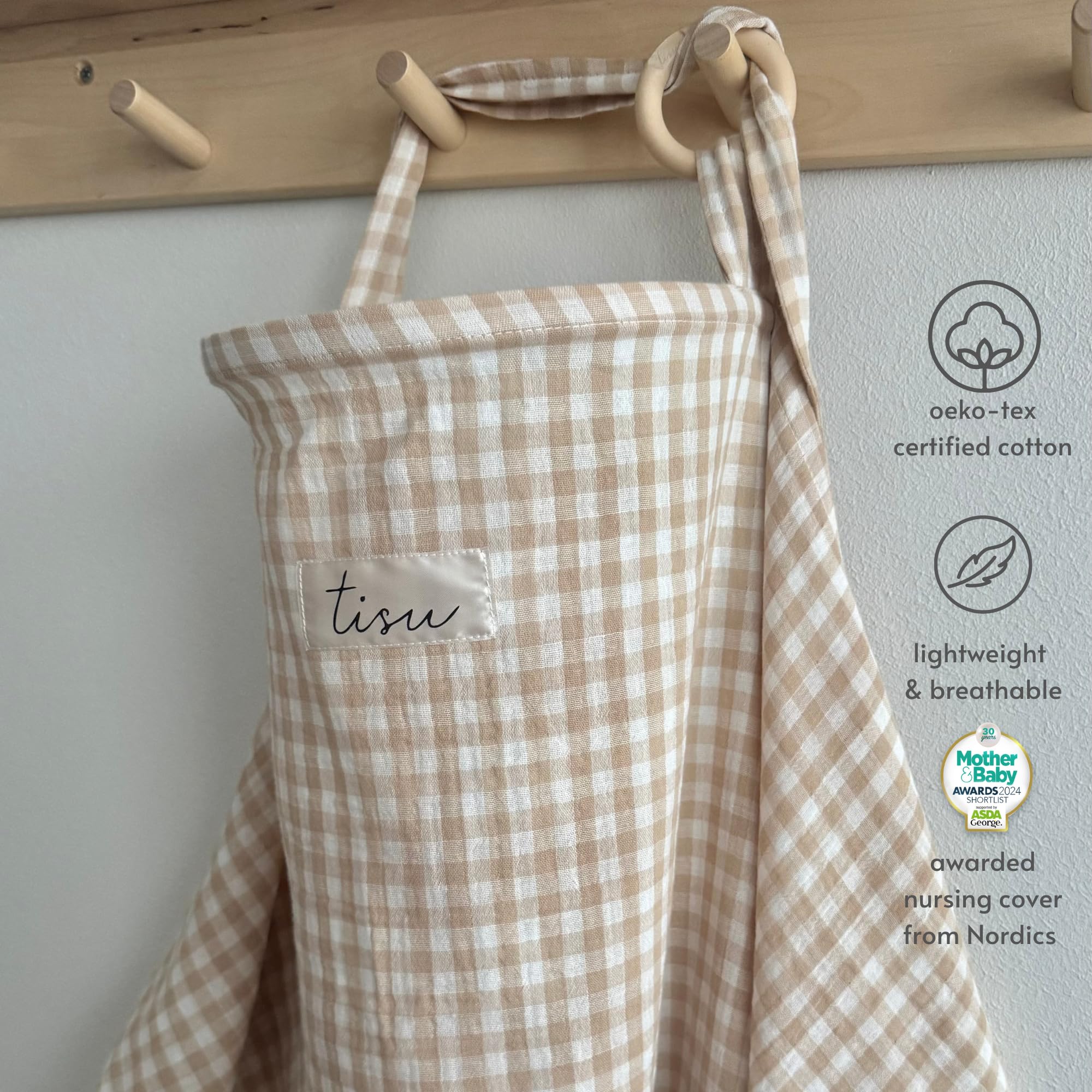 TISU nursing cover highlights soft muslin double gauze fabric for breathable comfort.