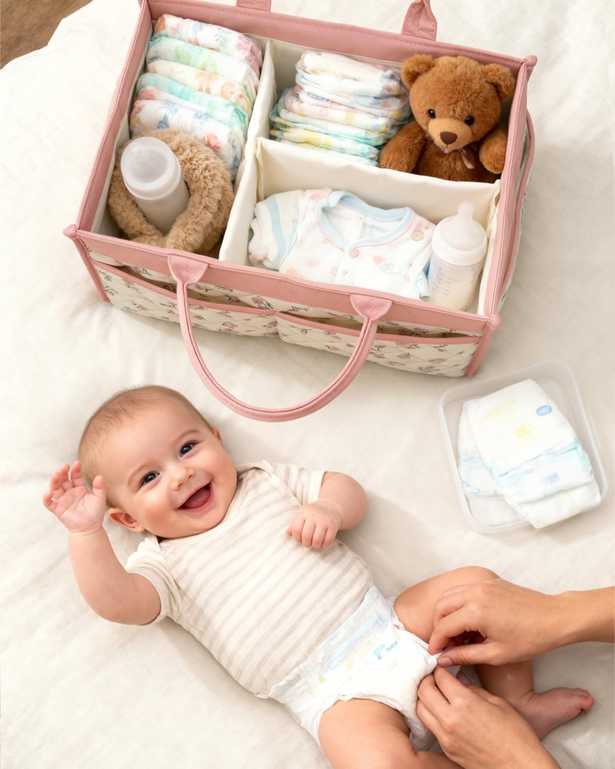 Tivellary Baby Diaper Caddy Blush Pink Blossom close-up showcases durable fabric and seams