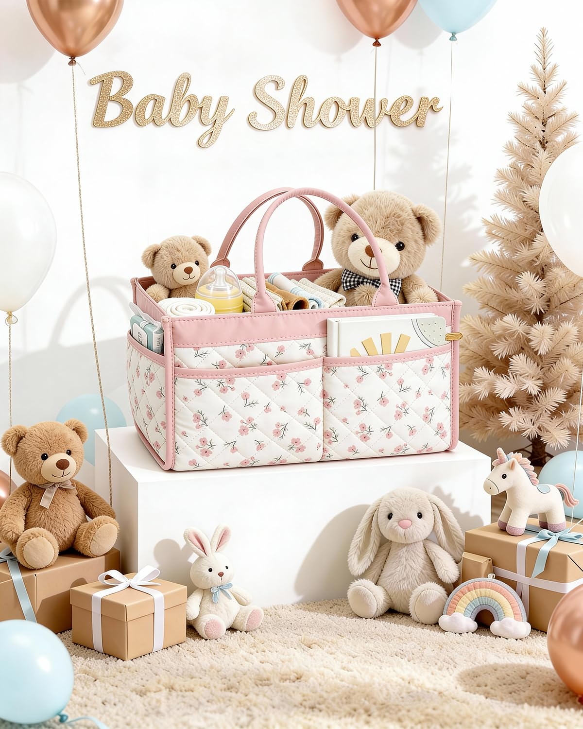 Tivellary Baby Diaper Caddy Blush Pink Blossom contents organized for quick diaper changes