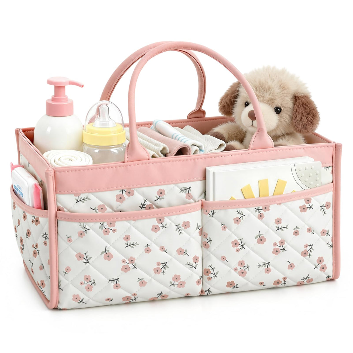 Tivellary Baby Diaper Caddy Blush Pink Blossom handle aids easy transport during diaper changes