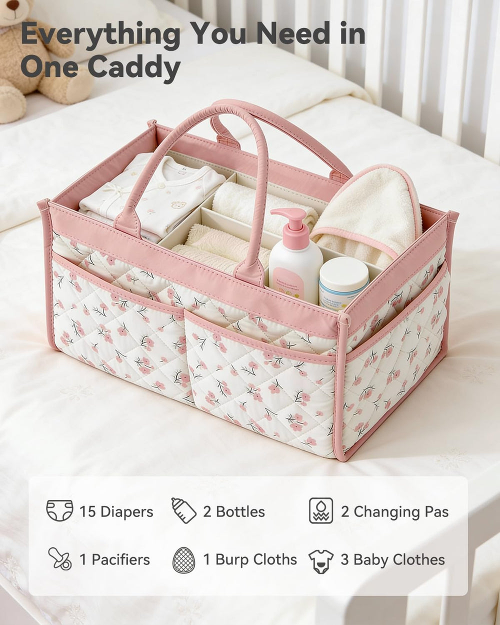 Tivellary Baby Diaper Caddy Blush Pink Blossom in nursery scene for clutter-free diapering