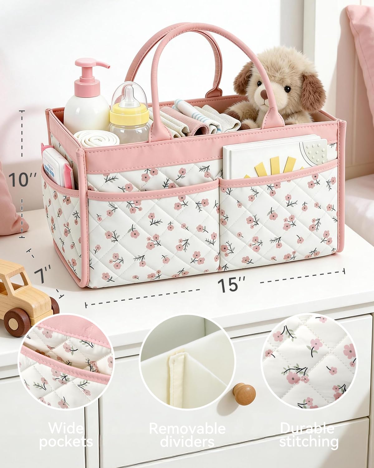 Tivellary Baby Diaper Caddy Blush Pink Blossom storage helps consolidate diapers, wipes, and toys