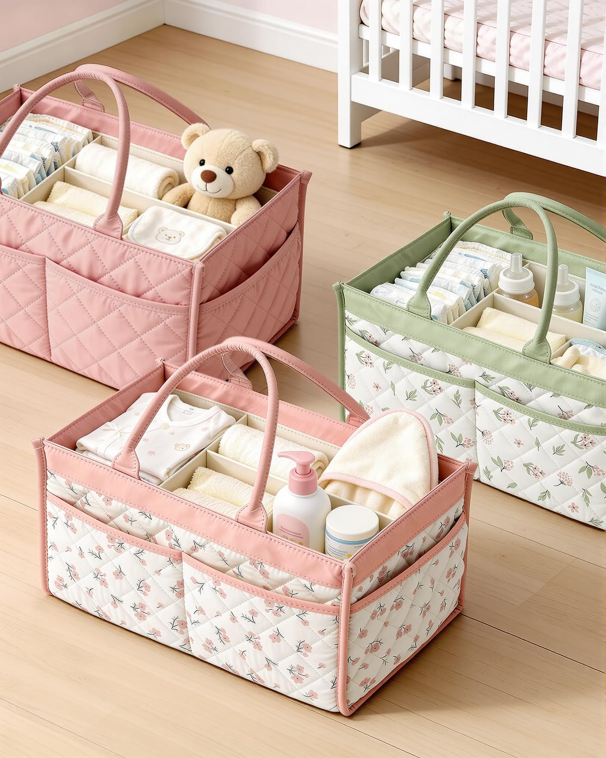 Tivellary Baby Diaper Caddy Blush Pink Blossom travel-friendly setup for car or outings