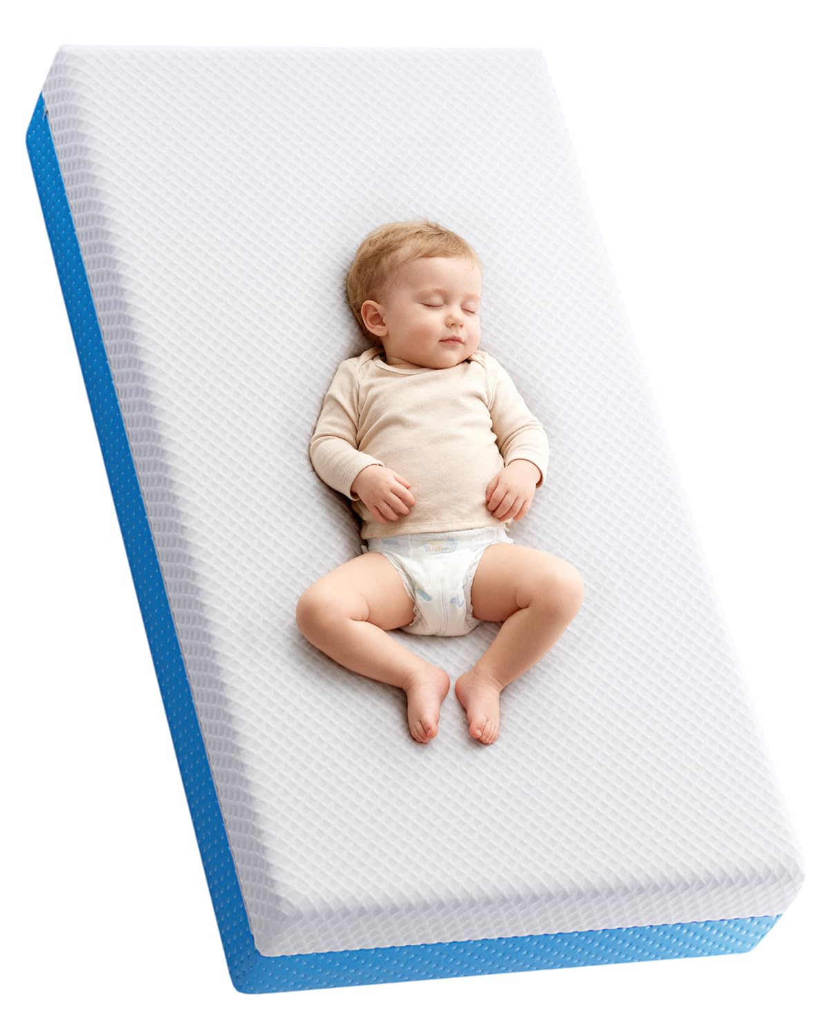 Tivellary dual-sided crib mattress front view highlights two-stage comfort for infant and toddler.