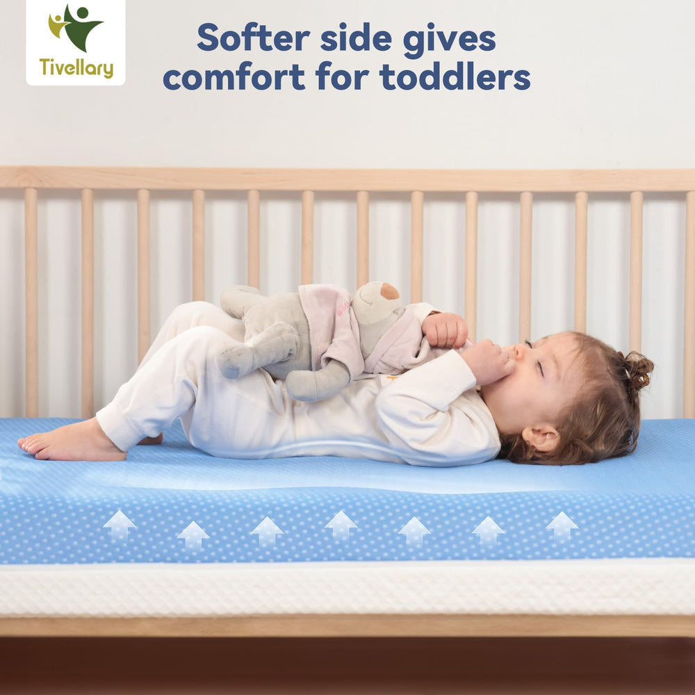 Tivellary dual-sided crib mattress infant side shows firm surface for safe early sleep.