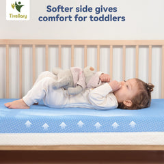 Tivellary dual-sided crib mattress infant side shows firm surface for safe early sleep.