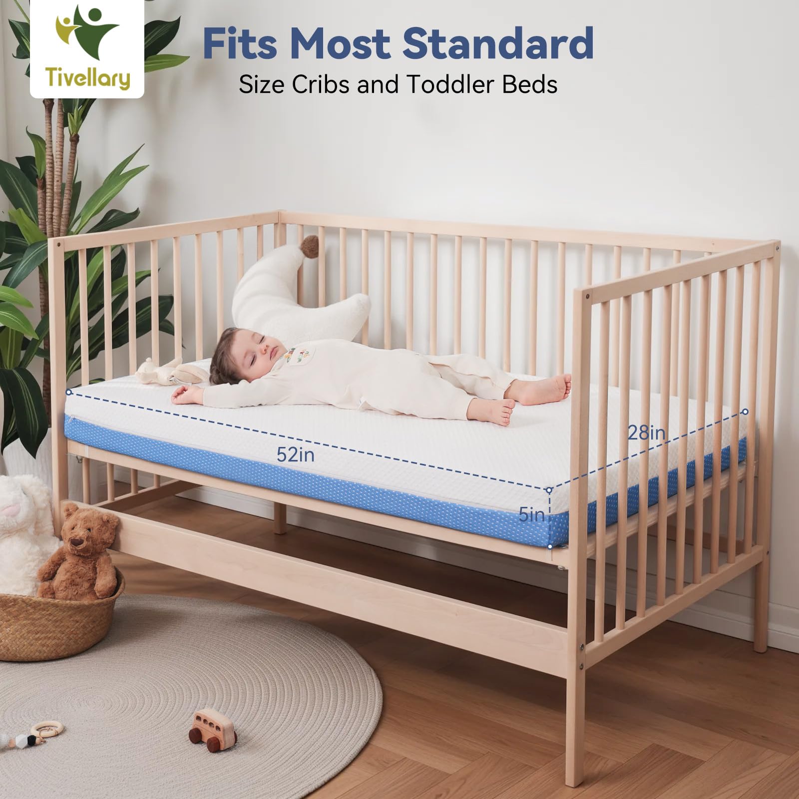 Tivellary dual-sided crib mattress machine-washable cover simplifies cleaning routines.