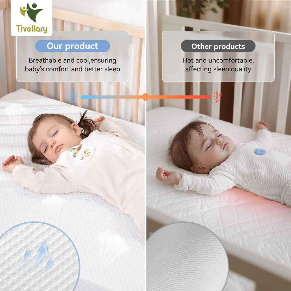 Tivellary dual-sided crib mattress fits standard cribs and toddler beds securely.
