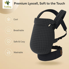 Tivellary ergonomic M-seat image shows hip and spine support for growing infants.