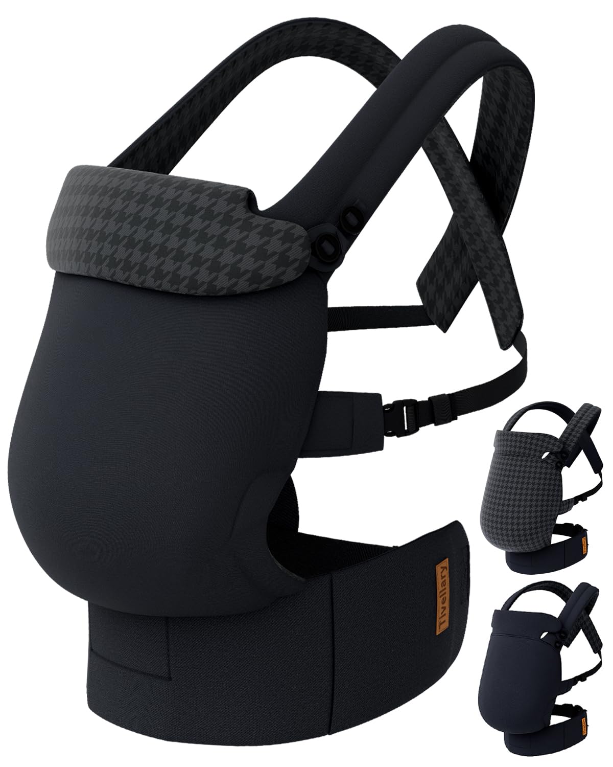 Tivellary Reversible Baby Carrier black solid worn for hands-free carry with breathable lyocell fabric.