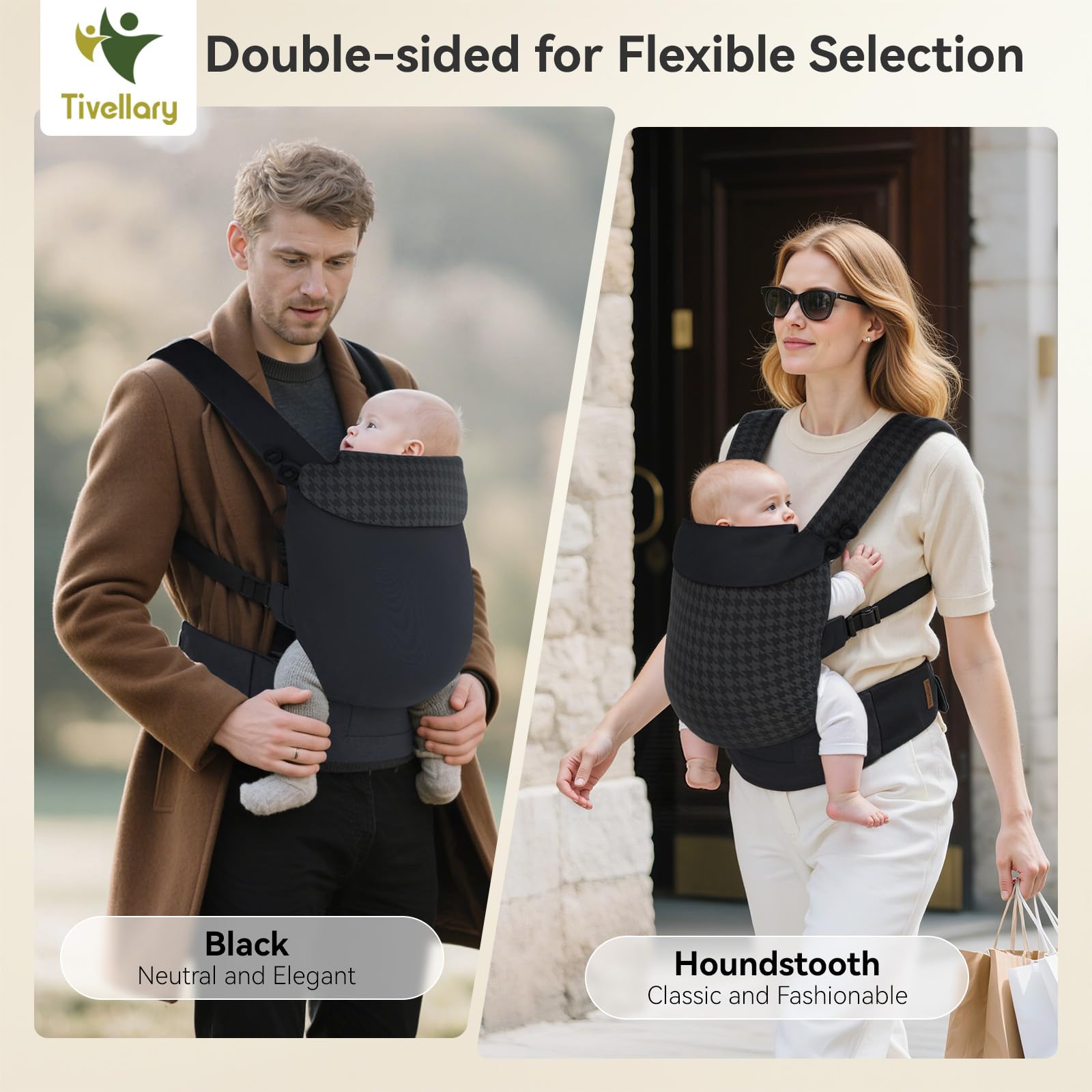 Tivellary Reversible Baby Carrier houndstooth shown with ergonomic hip support.