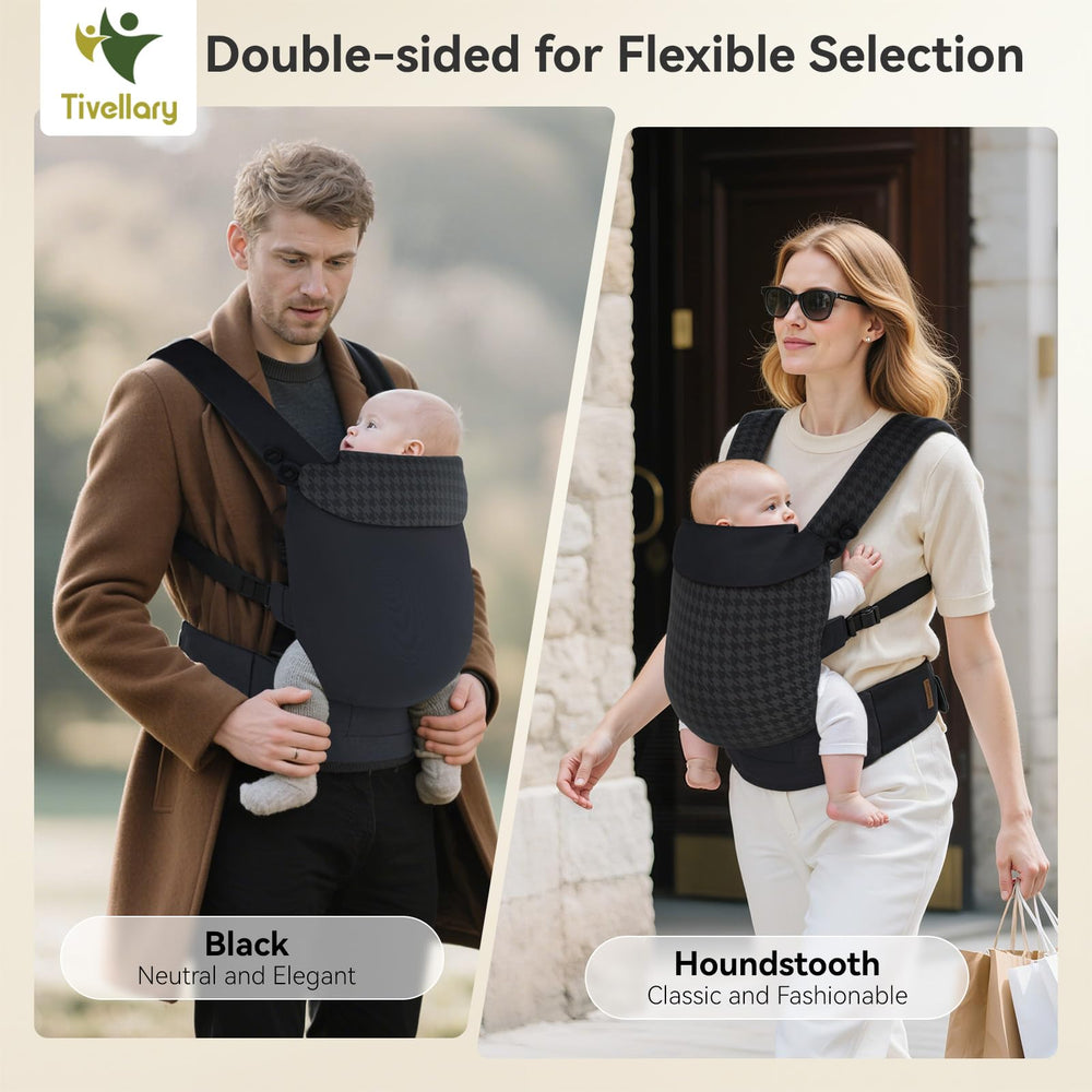 Tivellary Reversible Baby Carrier houndstooth shown with ergonomic hip support.