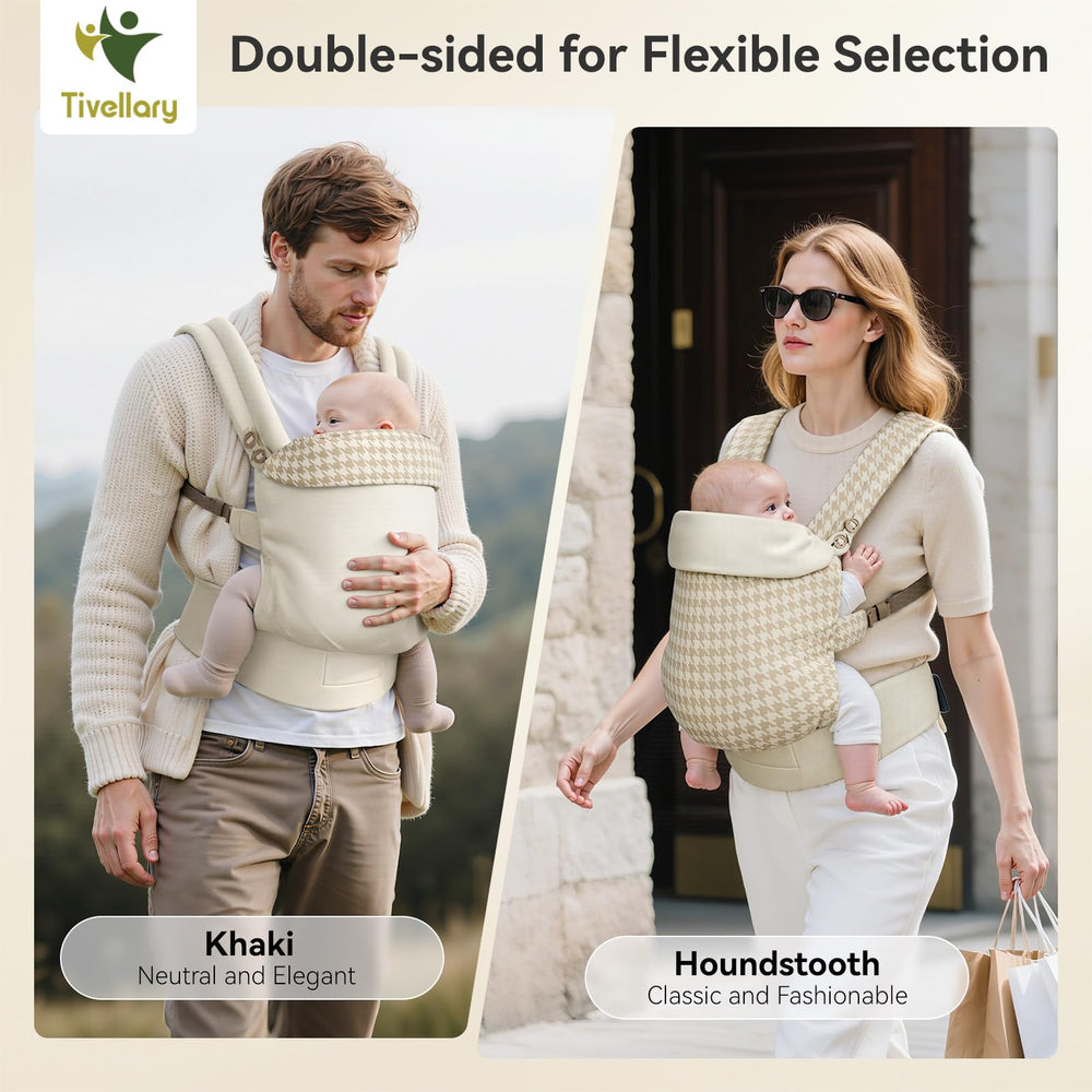 Tivellary reversible baby carrier houndstooth shows elegant two-tone look with practical wear.