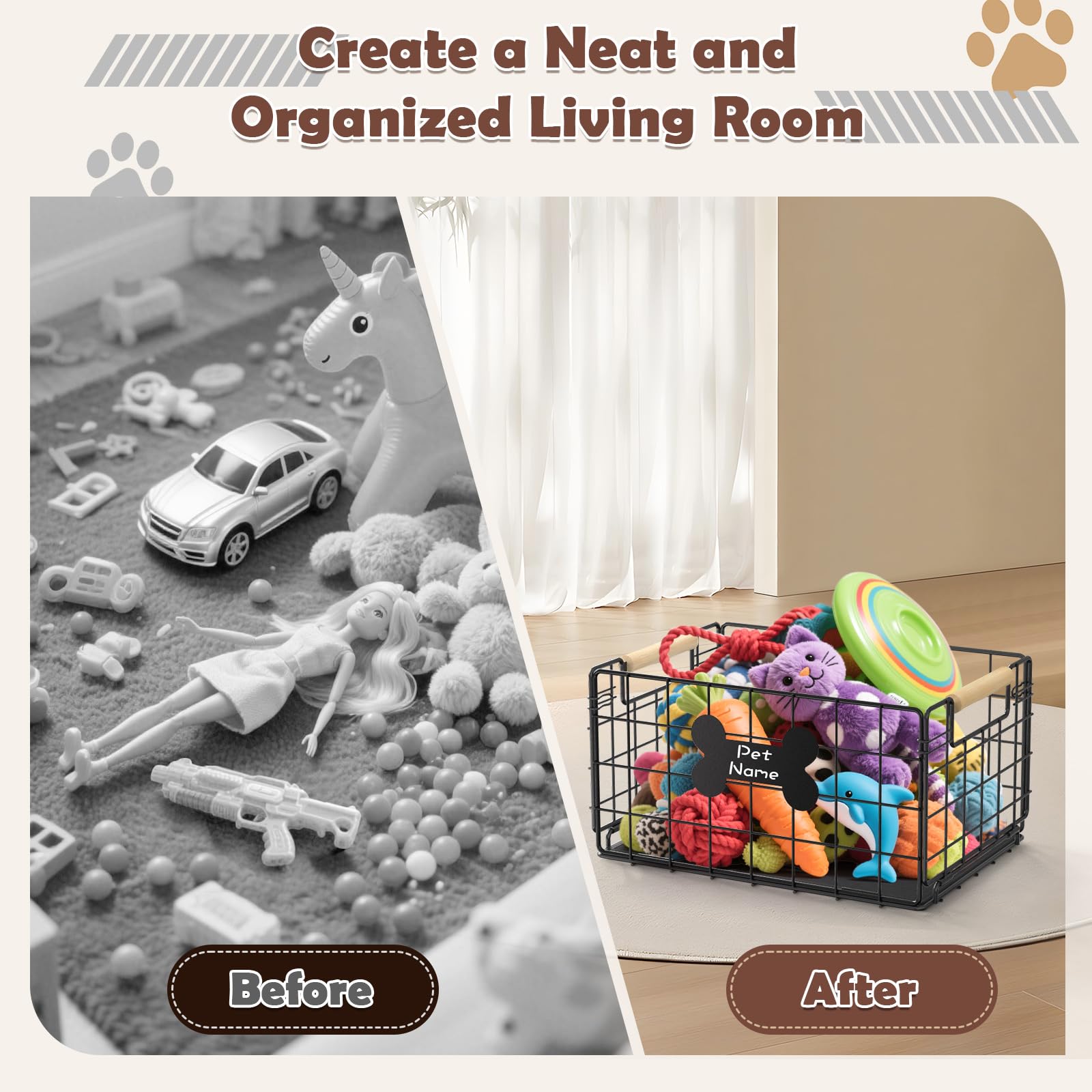 Tivray dog toy basket dual-handles enable easy moving between rooms.