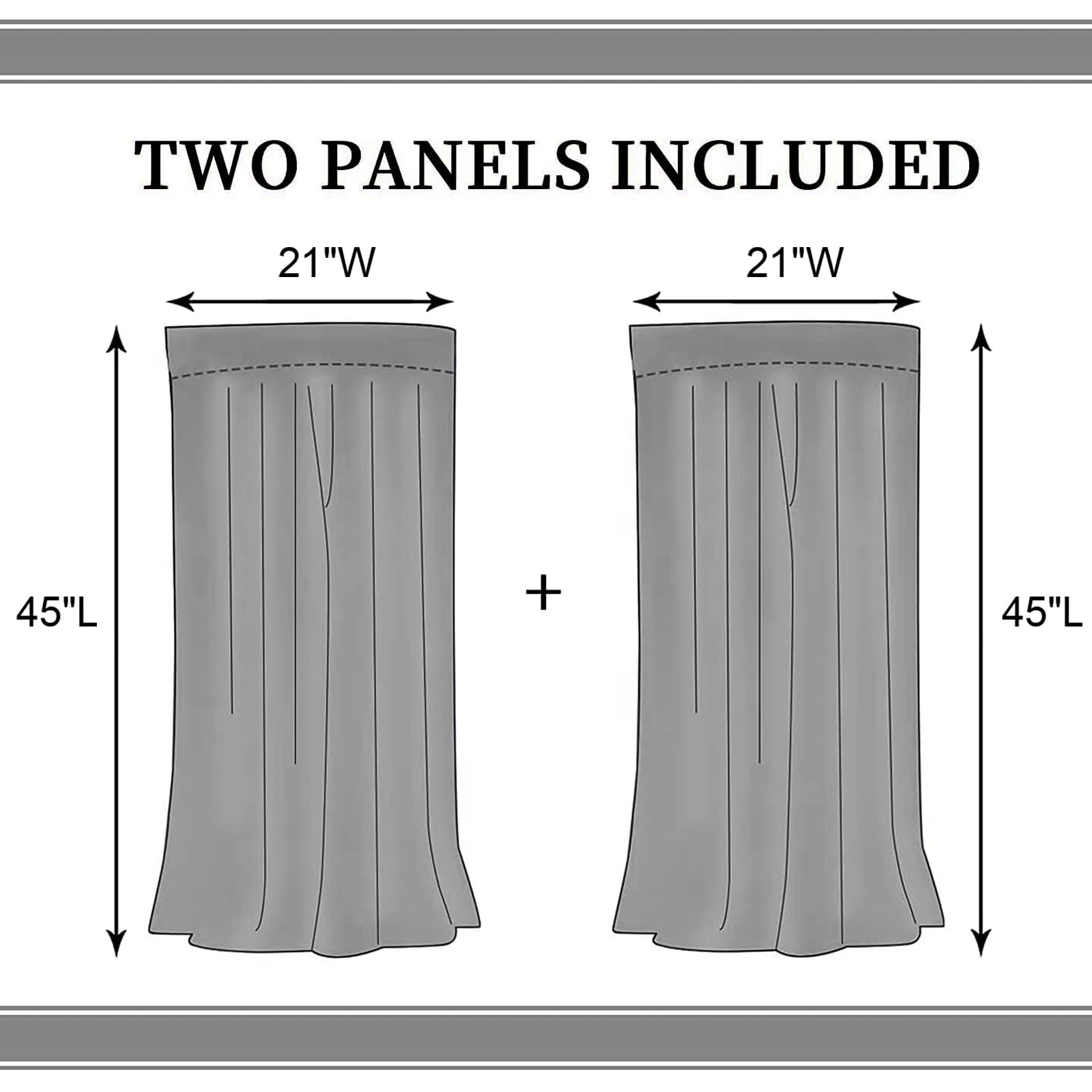 TKUYO two-panel curtains measure 21x45 inches for easy sizing.