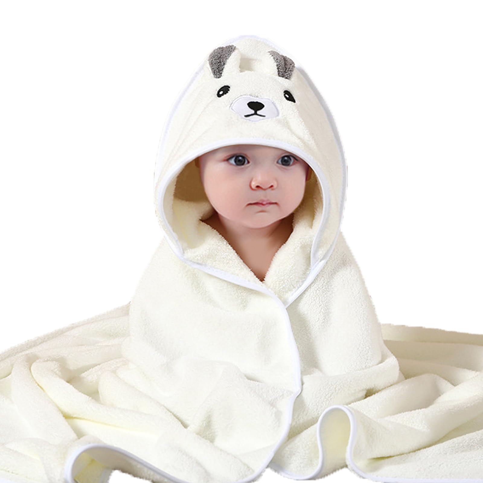 TMIELYBS hooded baby towel with white bear design, ultra-absorbent bath time companion for delicate skin.