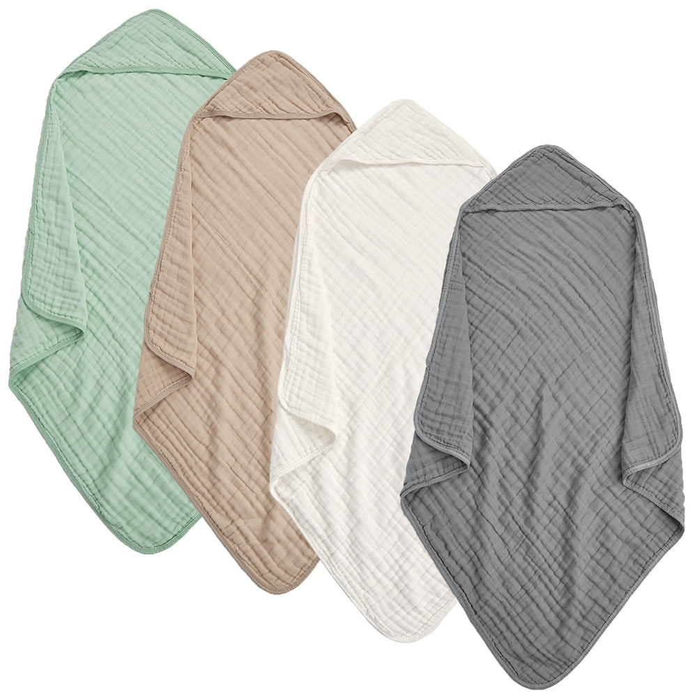 TMIELYBS Muslin Hooded Baby Towels four-pack front view in neutral colors for newborn gifting