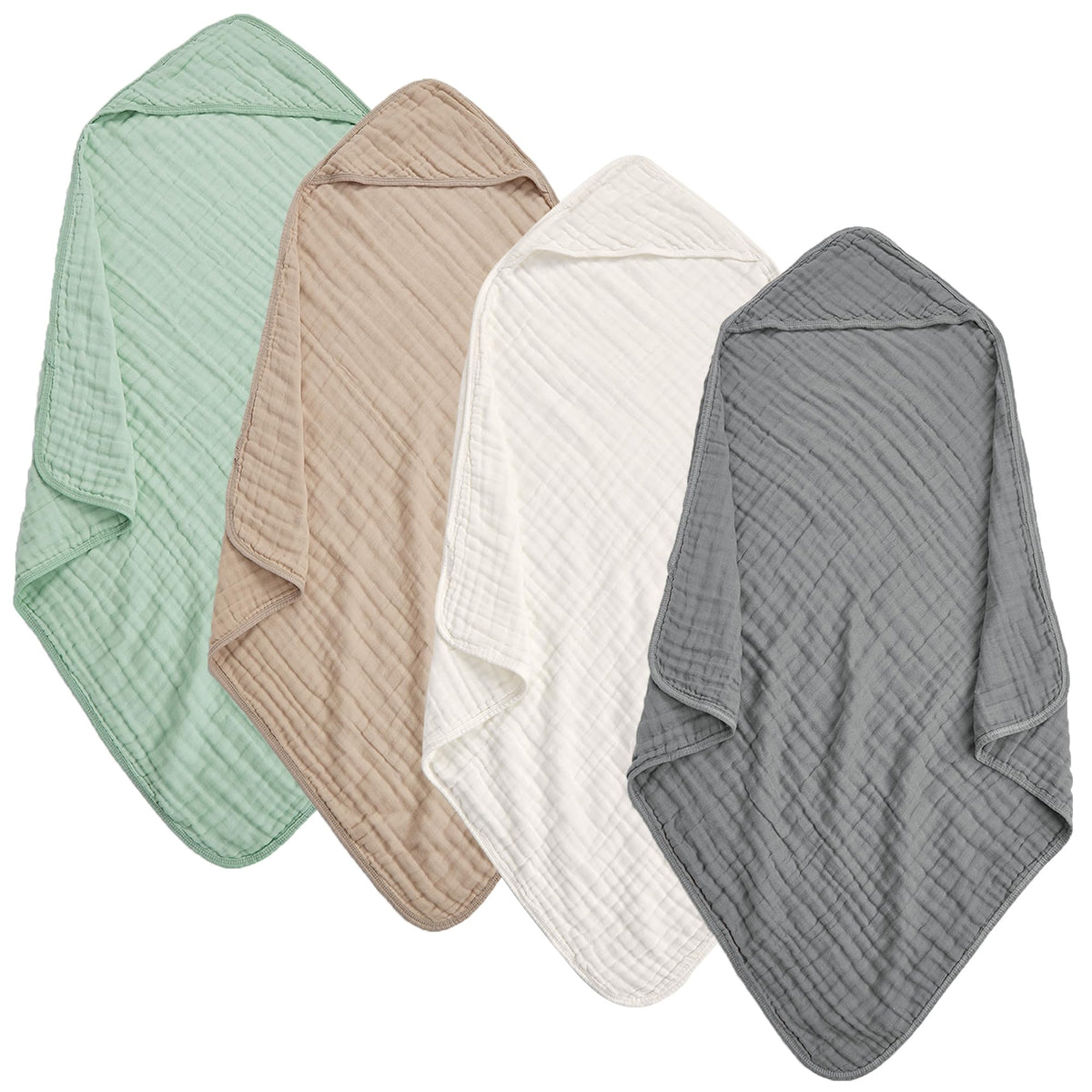 TMIELYBS Muslin Hooded Baby Towels four-pack front view in neutral colors for newborn gifting