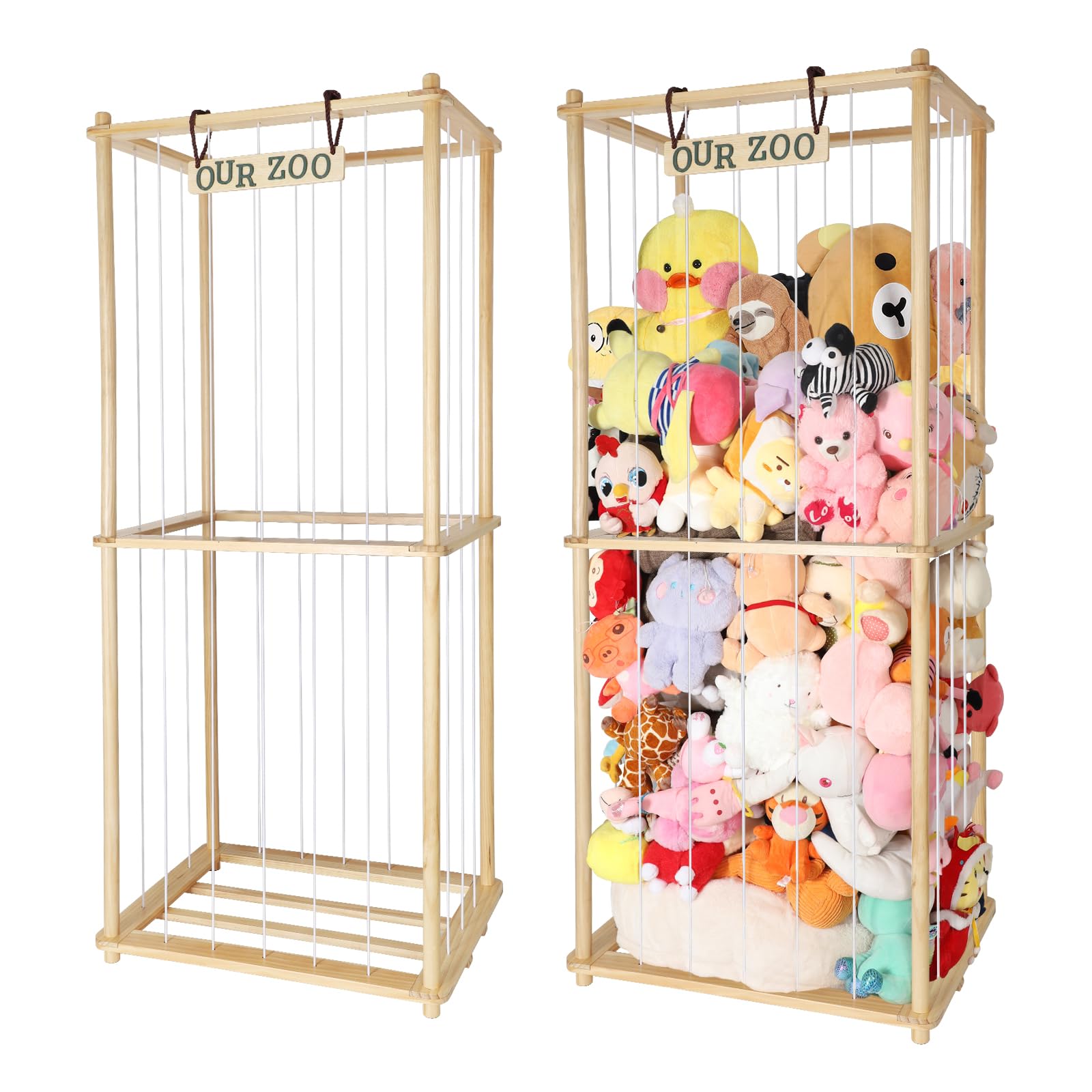 TNAMASUN 63in stuffed animal storage assembly shows a sturdy wood frame for organized plush toys