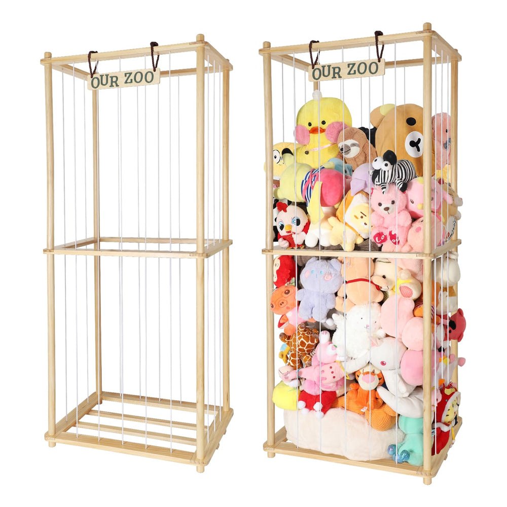TNAMASUN 63in stuffed animal storage assembly shows a sturdy wood frame for organized plush toys