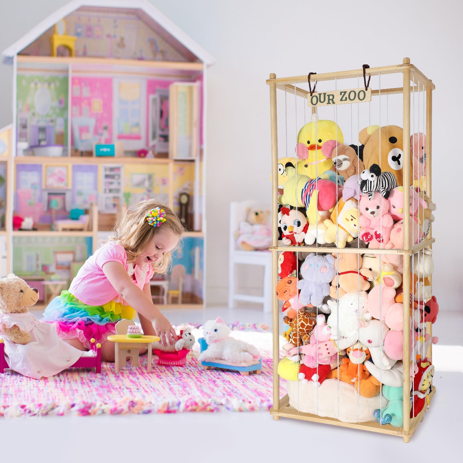 TNAMASUN wood plush storage elastic cord closeup highlights easy-access toy retrieval
