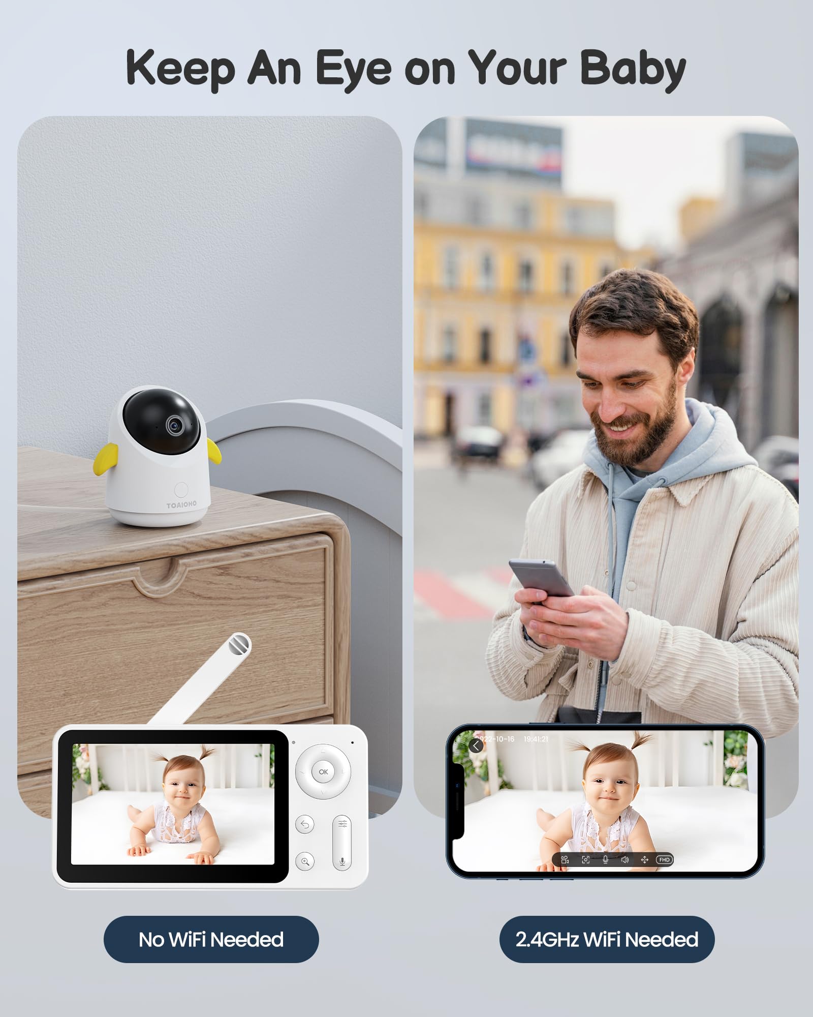 TOAIOHO baby monitor two-way talk enables reassuring conversations from another room.
