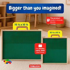 Toblock lid baseplate green shows LEGO compatible building surface for quick setups