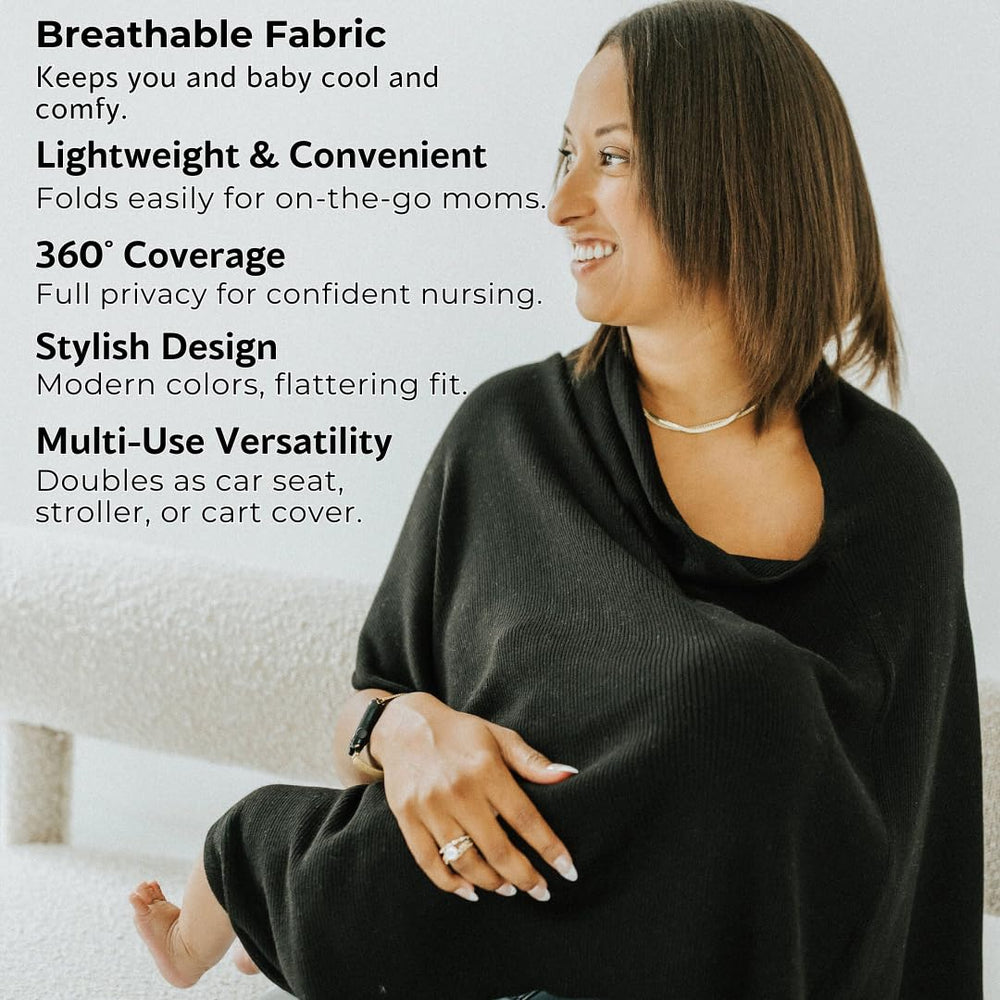 Toci Mom 360° coverage poncho on a model demonstrates secure coverage.