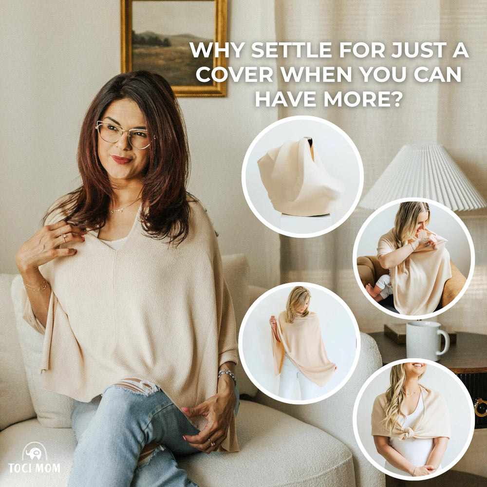 Toci Mom lightweight travel nursing cover fits easily in a diaper bag.
