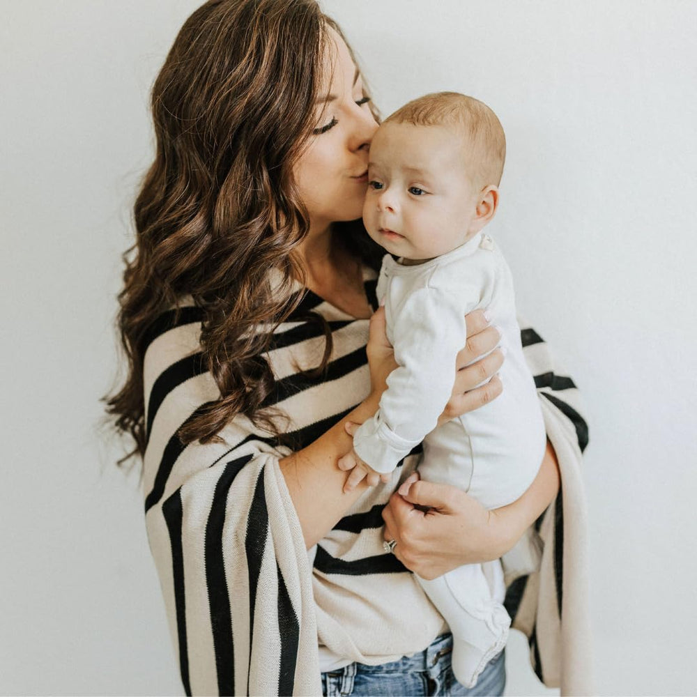 Toci Mom poncho worn by mom for convenient, full coverage during nursing