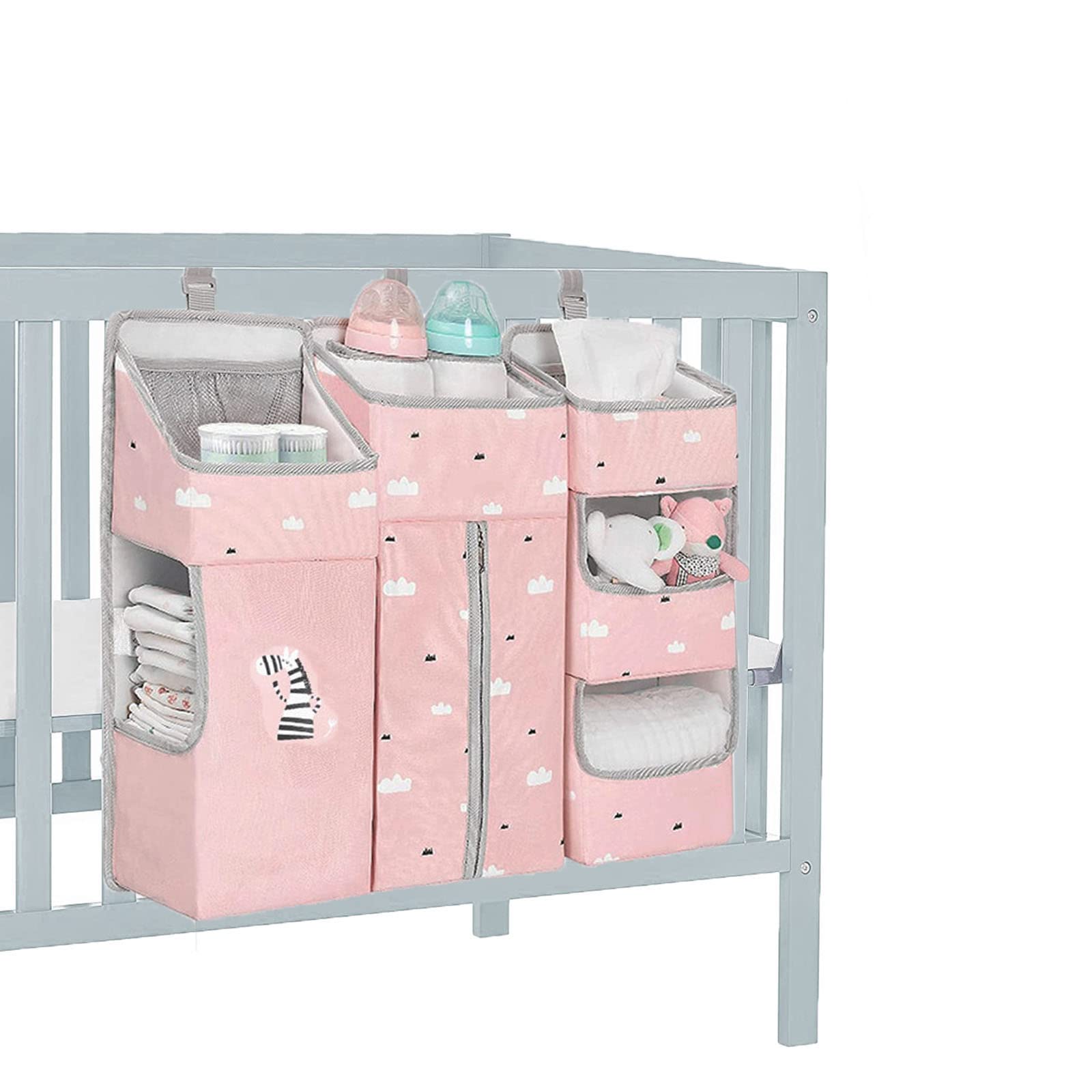 TOCKONIMN hanging diaper caddy on crib rail with spacious pockets for quick wipe access.