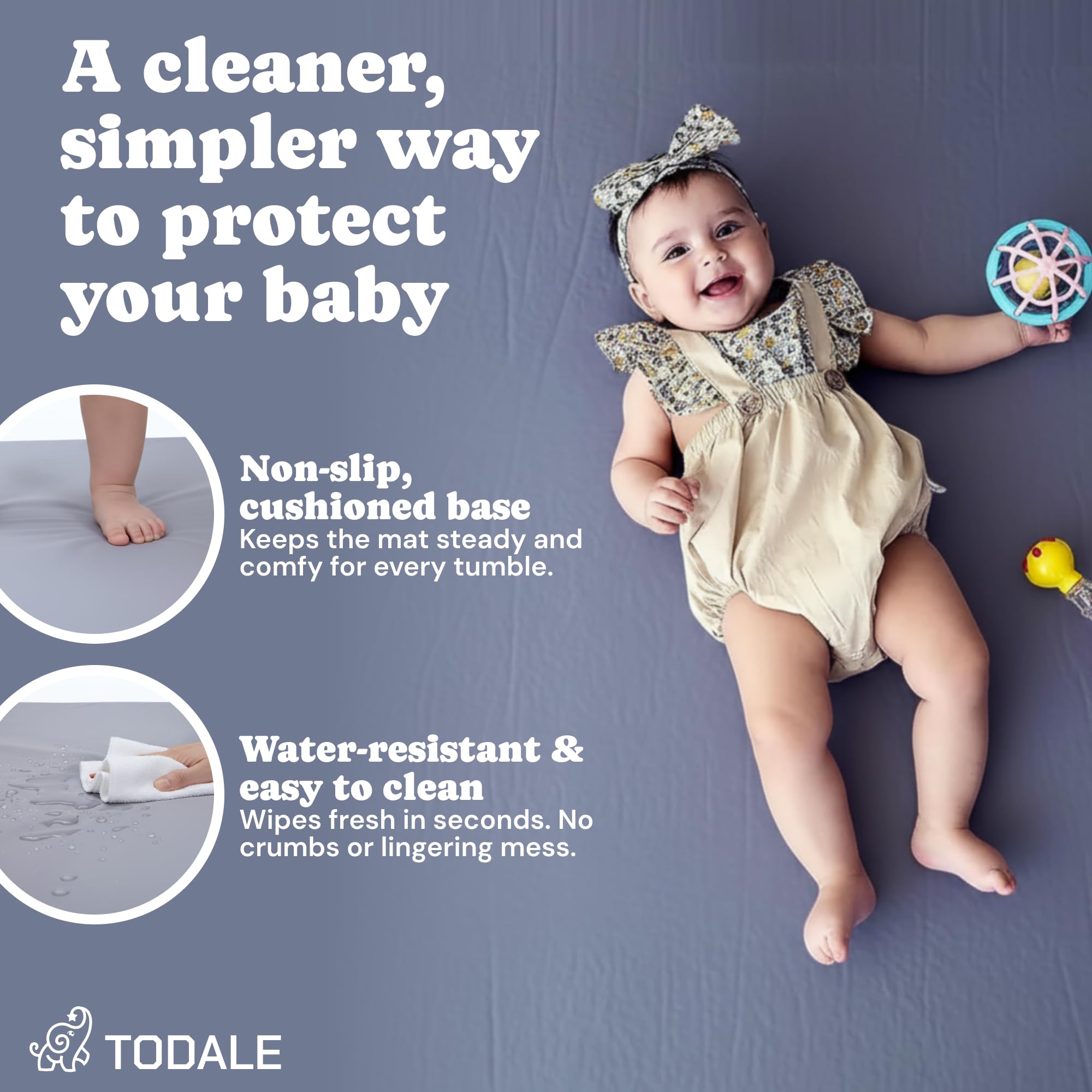 Todale Baby Play Mat waterproof surface resists spills and messes.